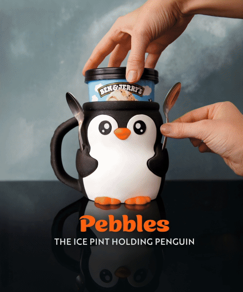 penguin ice cream pint holder – 3d printed cozy with spoon slots | optional snack drawer | pebbles the penguin | left or right handle