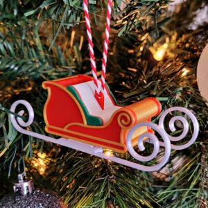 Christmas Sleigh Ornament – 3D Printed Holiday Sleigh Decoration – Festive Red and Gold Tree Ornament