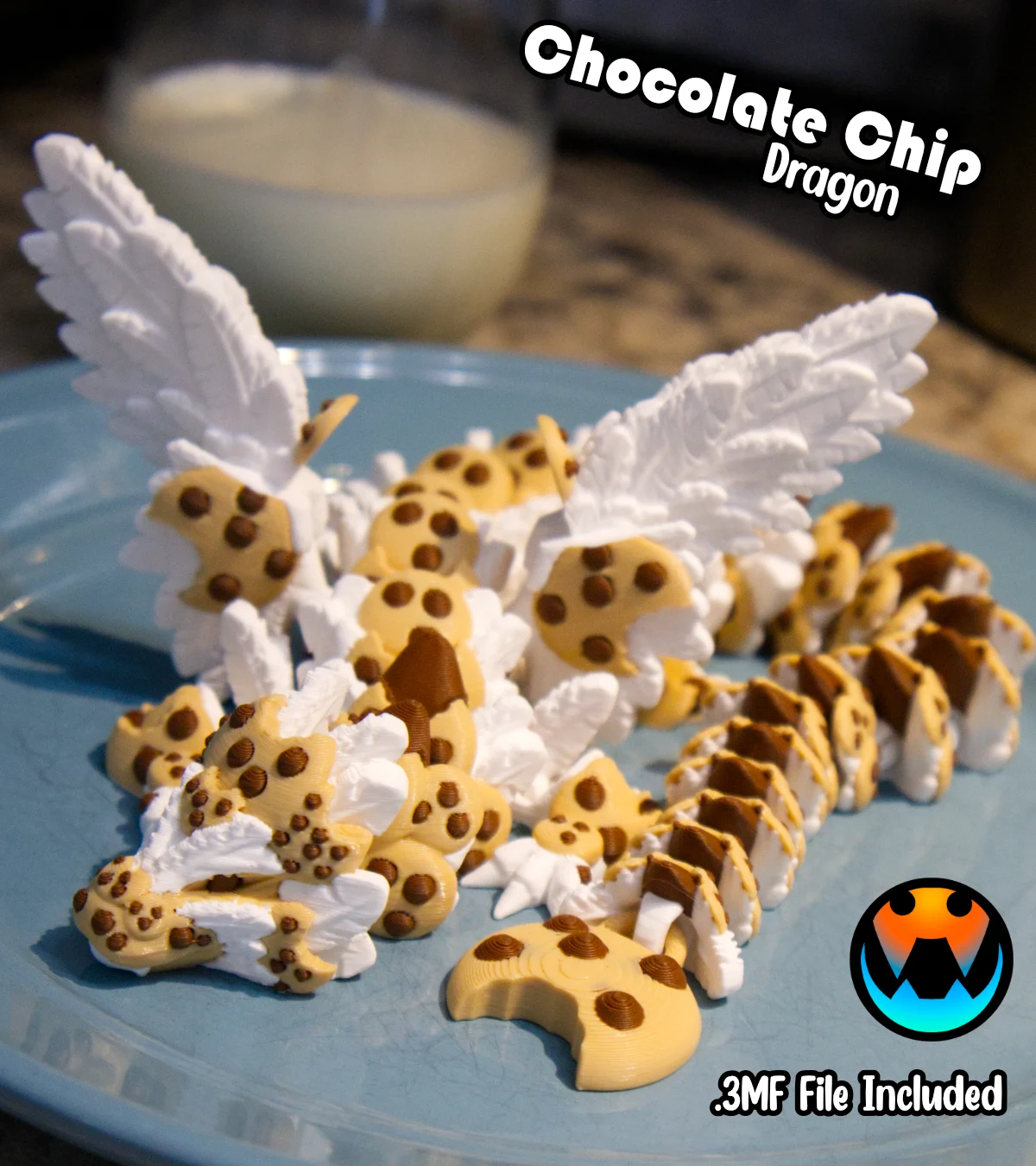 Chocolate Chip Articulated Dragon – Flexi Cookie Dragon Toy – 9in 12in 15in or Baby Size – 3D Printed Fidget Dragon – Custom Colors Available - Image 7