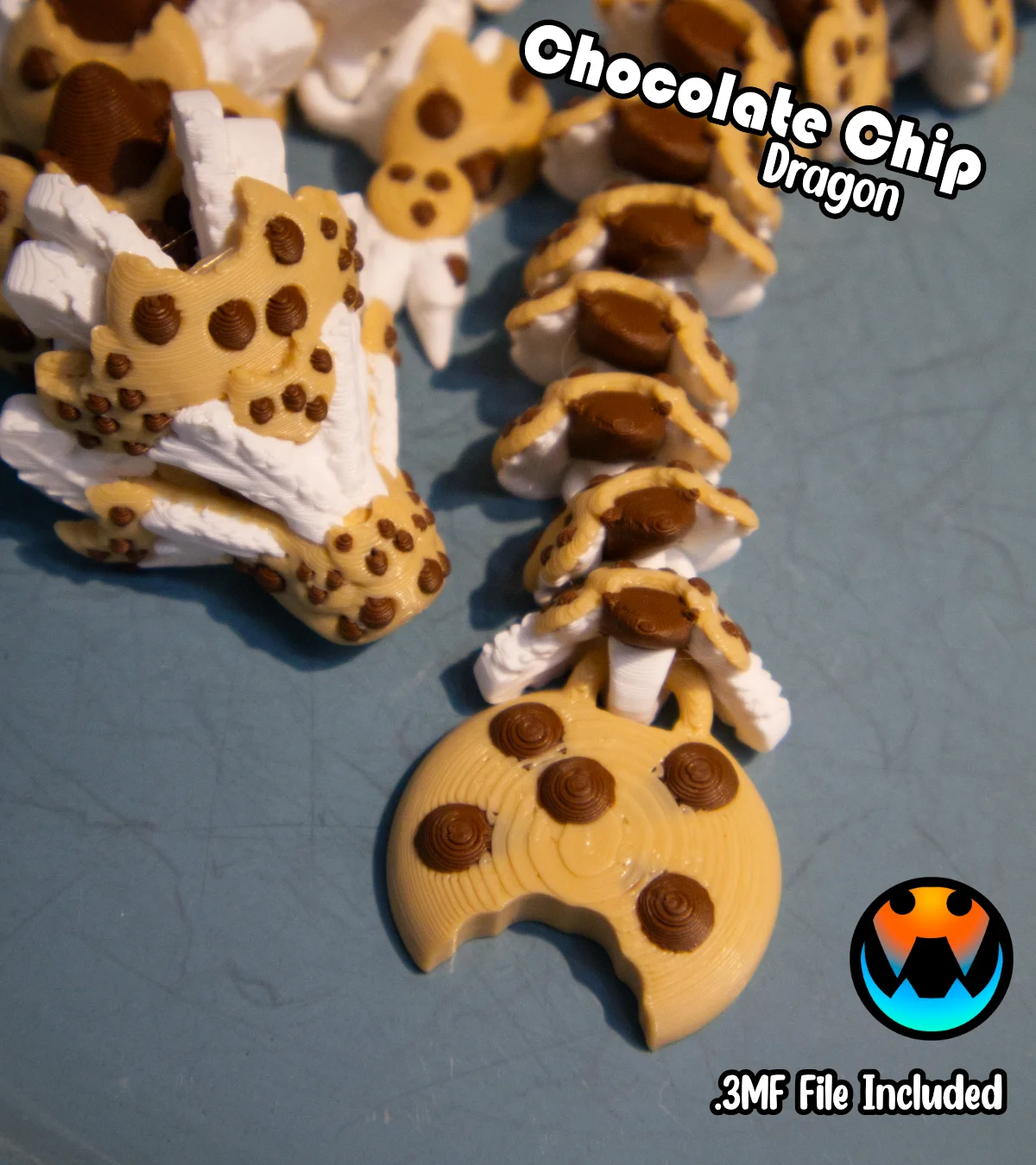 Chocolate Chip Articulated Dragon – Flexi Cookie Dragon Toy – 9in 12in 15in or Baby Size – 3D Printed Fidget Dragon – Custom Colors Available - Image 8