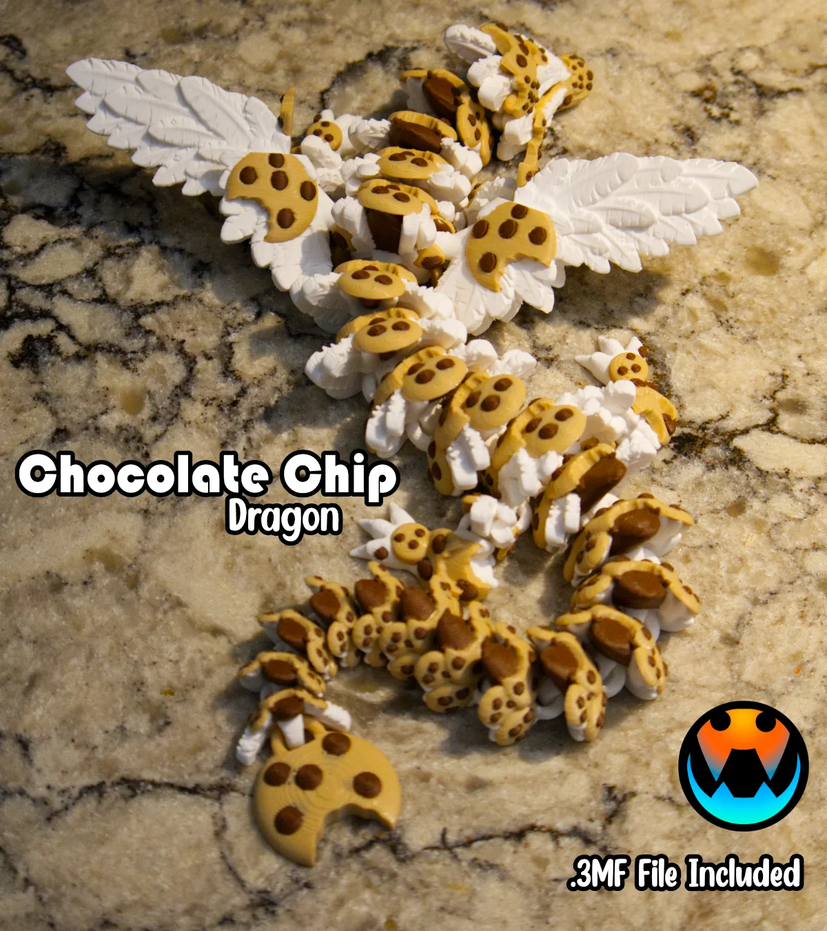 Chocolate Chip Articulated Dragon – Flexi Cookie Dragon Toy – 9in 12in 15in or Baby Size – 3D Printed Fidget Dragon – Custom Colors Available - Image 9