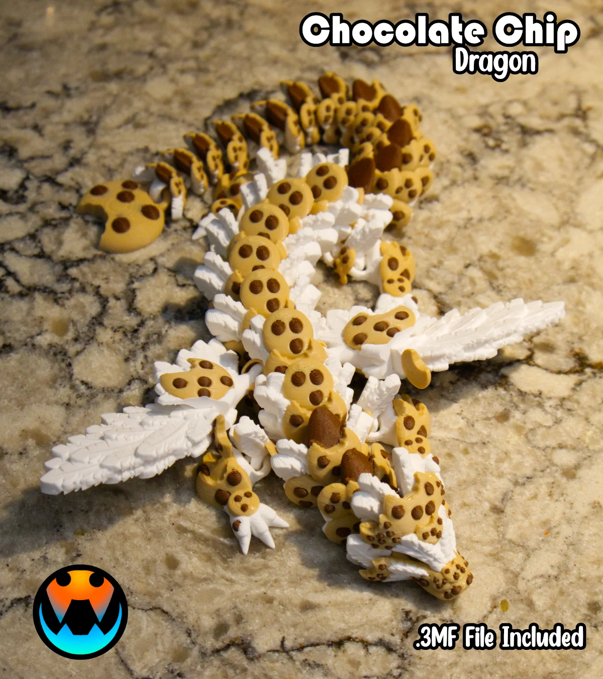 Chocolate Chip Articulated Dragon – Flexi Cookie Dragon Toy – 9in 12in 15in or Baby Size – 3D Printed Fidget Dragon – Custom Colors Available
